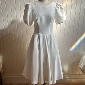 Custom Designed White Puff Sleeve Midi Wedding Dress with Open Back.